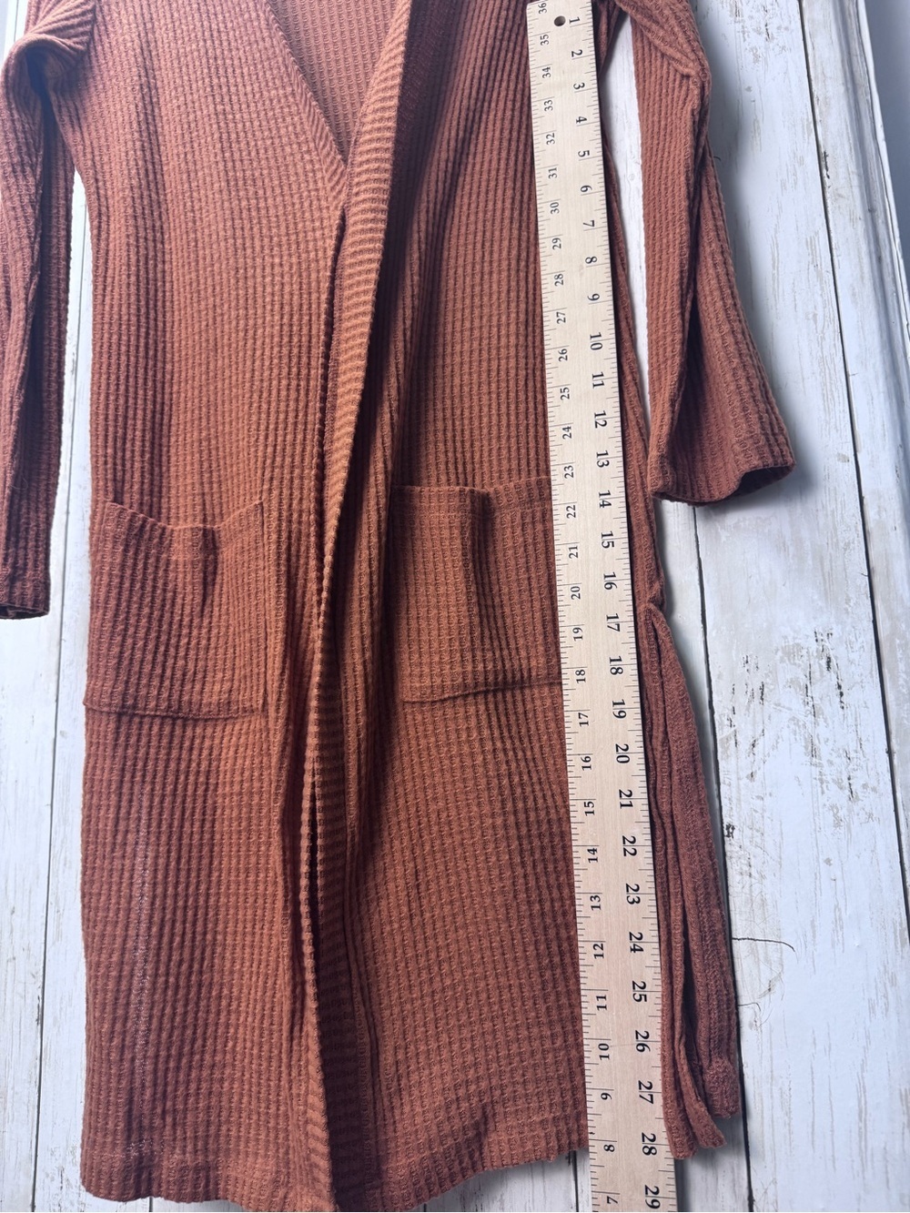Long Open-Front Waffle Knit Cardigan Sweater - Rust size Small - Picture 6 of 7